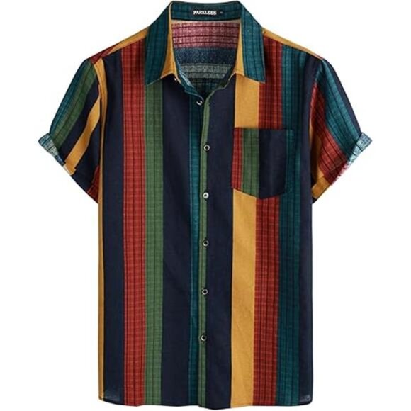 Men's Cotton Linen Vintage Pattern Printed Old Style Shirt Casual Short Sleeve - Picture 7 of 7